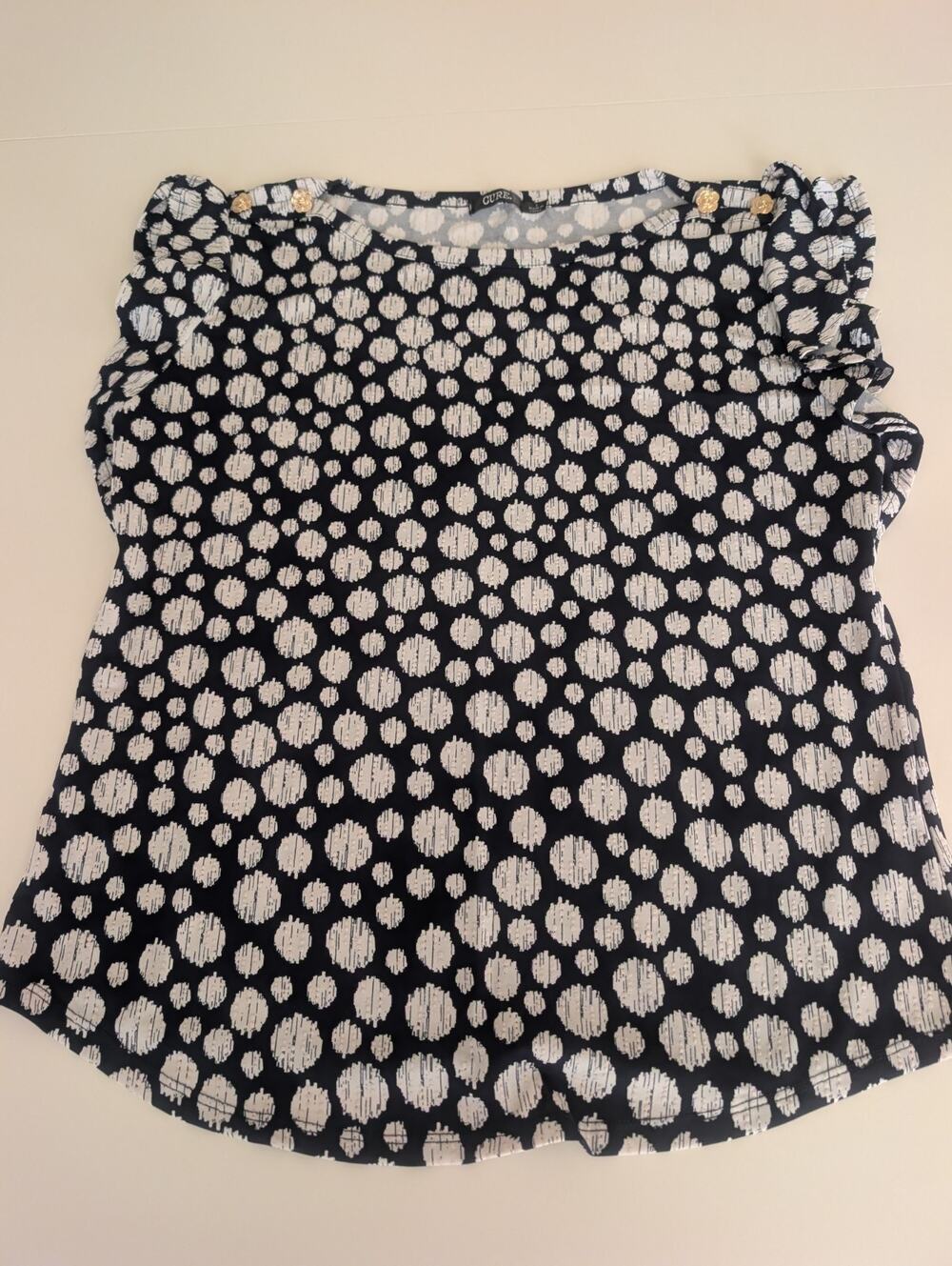 Women’s Shirt sz Large Navy w/White Polka Dots . Gold Rose button on sleeve